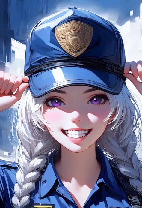 (masterpiece, best quality:1.2), 1 girl, unique, police uniform, short skirt, star pupils, detailed beautiful glistening purple eyes, detailed mouth, happy expression, canine teeth, bright smile, white hair in braids, grabbing police cap with one hand, (fr...