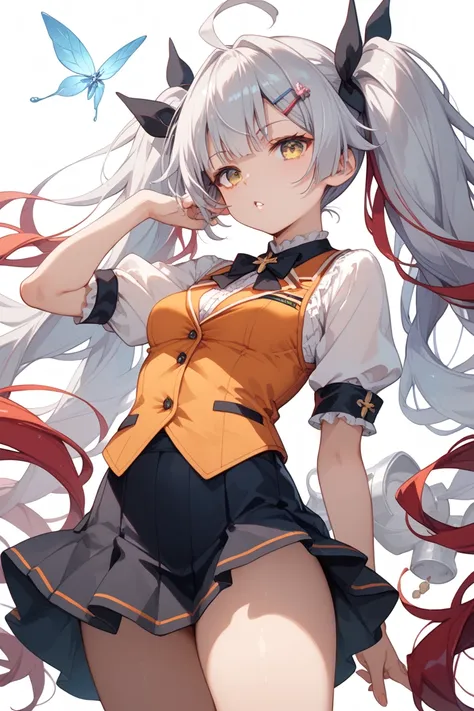  High Definition ,  mobile battleship Nadeshiko Hoshino Ruri　 , silver hair, super long, voluminous twin tails　 orange vest 　 black tight skirt 　Yellow Eyes　Plain background　Big sharp eyes 　Red hair clip　Small Breasts Big Breasts 　transactional　 No Emotion...