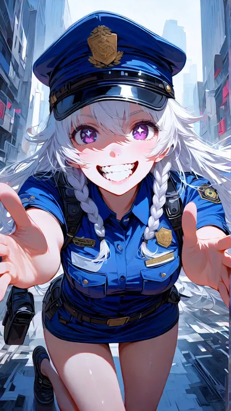 (masterpiece, best quality:1.2), 1 girl, unique, police uniform, short skirt, star-shaped pupils, detailed beautiful glistening purple eyes, detailed mouth, happy expression, canine teeth, bright smile, white hair in braids, grabbing police cap with one ha...