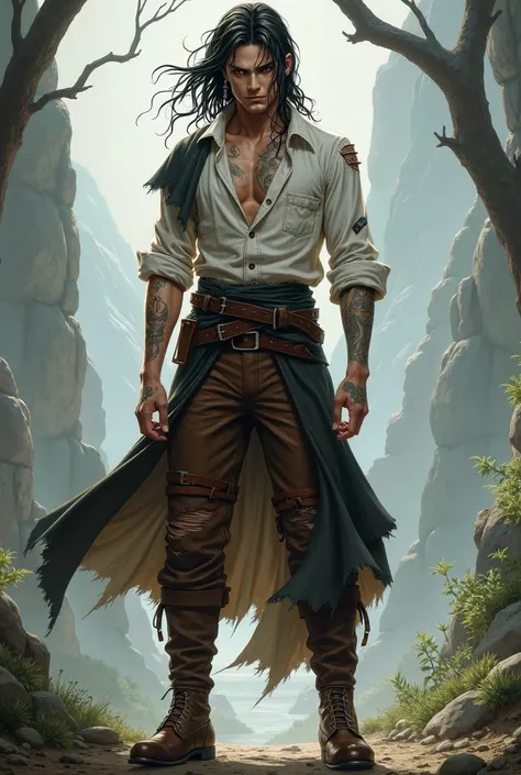 Vampire of Light ,  in the most Lord of the Rings style ,  that is an illustrative type for me role-playing game,  brown leather pants ,  ripped and white shirt , brown boots,  two long earrings ,  extra long and wavy black hair manga style ,  young man of...