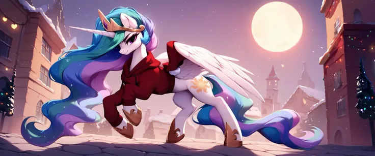 Score_9, Score_8_up, Score_7_up, Score_6_up, a serious female unicorn alicorn, Princess Celestia from My Little Pony. She is depicted wearing a dark sweatshirt with Christmas prints. Celestias hair flows in a wavy print in pastel tones, with blue, green an...