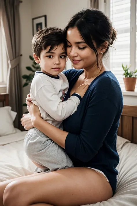 A  sitting on his mothers lap in a cozy bedroom, without pants. mother and son, 1boy, jackpot please, big thighs, fat, bright morning 