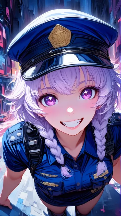 (masterpiece, best quality:1.2), 1 girl, unique, police uniform, short skirt, star-shaped pupils, detailed beautiful glistening purple eyes, detailed mouth, happy expression, canine teeth, bright smile, white hair in braids, grabbing police cap with one ha...