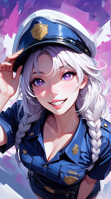 (masterpiece, best quality:1.2), 1 girl, unique, police uniform, short skirt, star-shaped pupils, detailed beautiful glistening purple eyes, detailed mouth, happy expression, canine teeth, bright smile, white hair in braids, grabbing police cap with one ha...