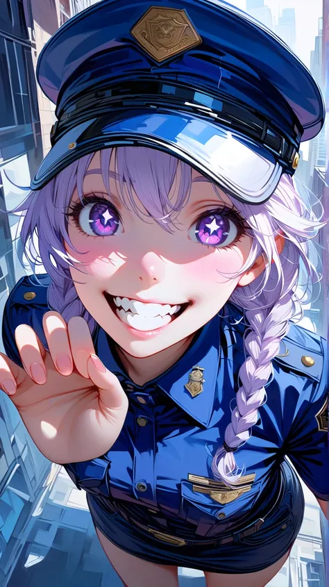 (masterpiece, best quality:1.2), 1 girl, unique, police uniform, short skirt, star-shaped pupils, detailed beautiful glistening purple eyes, detailed mouth, happy expression, canine teeth, bright smile, white hair in braids, grabbing police cap with one ha...