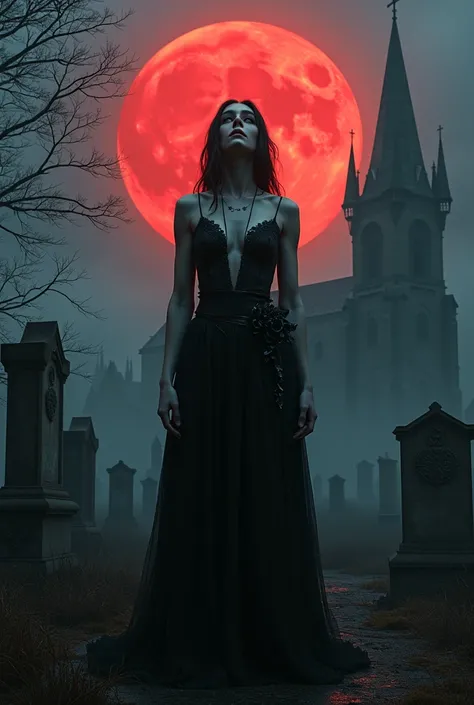 a realistic image of a beautiful strong and sensual Gothic model ,  boy looking at a large red moon in a dark cemetery environment with a Gothic church nearby. 