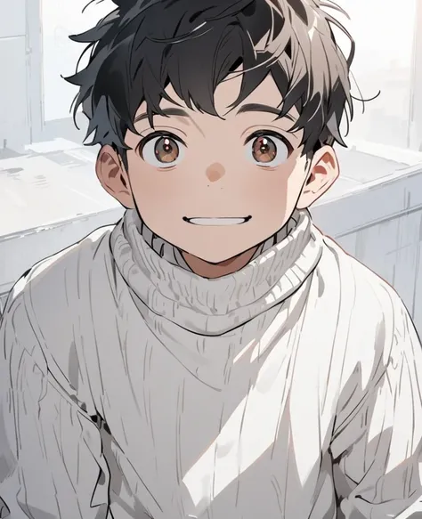 A  young  old boy wearing a white sweater and pants with black hair and brown eyes