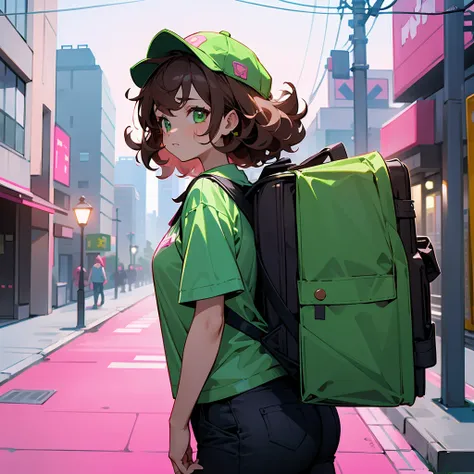 1female ,Pink Cap turned backwards, Messy Curly Hair , Brown Hair , Bright Green Eyes , Calm Expression , Pink Fitted Shortsleeve Shirt, Fitted Black Sleeves , Green Backpack with a star pendant , standing on sidewalk , Modern City Background perfect gener...