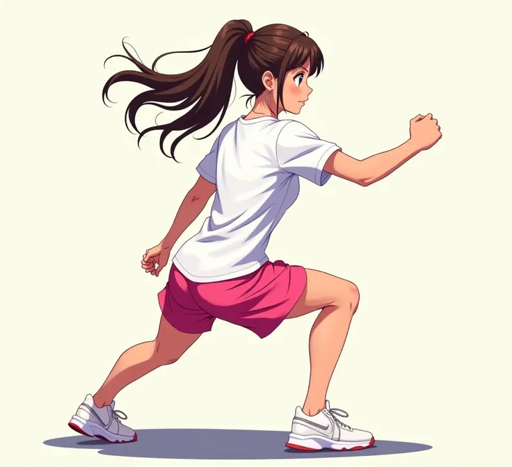 A female tennis player with brown hair tied in a ponytail, wearing a white tennis shirt and pink tennis shorts doing squats backside In anime style