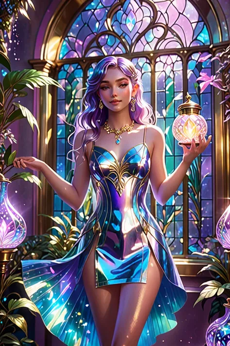 A anime ethereal fantasy goddess girl wearing a short shiny Blue leather dress is in a magical garden ethereal iridescent magical glowing magical shiny glittering potions and plants. There are green shimmery fern palm plants in the room both sides of a tal...