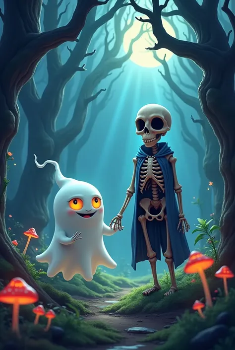 a cute ghost and his dark skeleton friend in a forest 