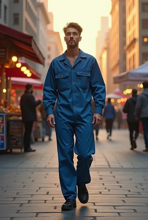 A man wearing a blue jumpsuit walks calmly along a bustling city sidewalk, surrounded by the lively energy of people and traffic. He has a slight smile on his face, exuding a sense of calm and focus despite the busy environment around him. The cityscape in...