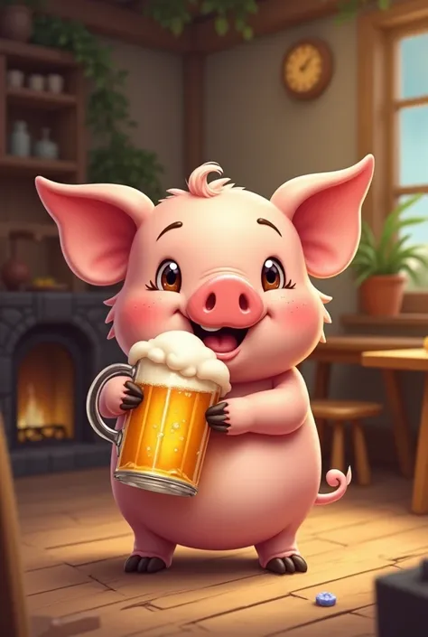 Ce soir un petit cochon avec une bière à la main