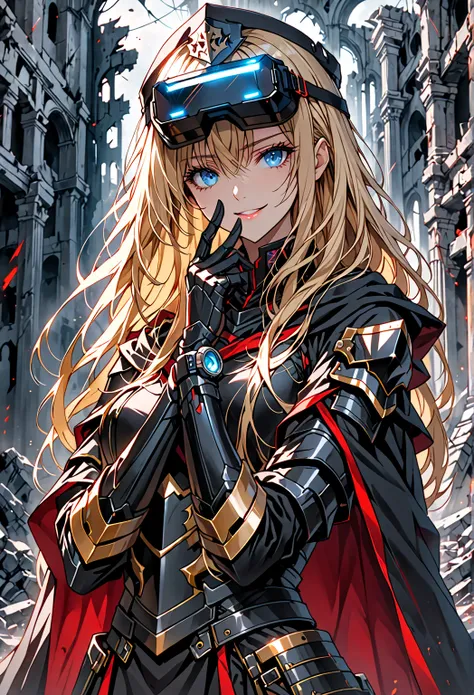 Alone, woman,  software , Mid Shot, 巨大なwoman, 非常に背の高いwoman,  blue eyes,  blondes,  long hair, black uniform, (( Black Armor )),  black cloak,  Gold Trim , red trim,  muscular, Ruins, smile,  military cap ,  cover your face with one hand , Yandere Pose, Bag...