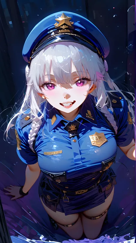 (masterpiece, best quality:1.2), 1 girl, unique, police uniform, short skirt, star-shaped pupils, detailed beautiful glistening purple eyes, detailed mouth, happy expression, canine teeth, bright smile, white hair in braids, grabbing police cap with one ha...