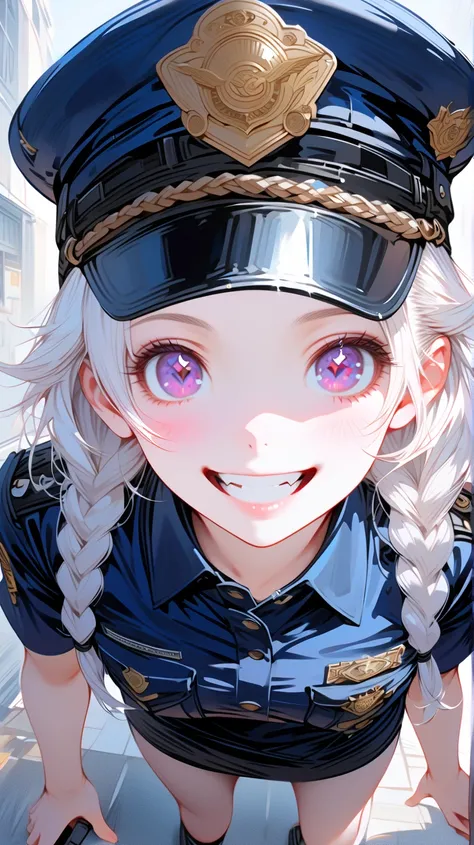 (masterpiece, best quality:1.2), 1 girl, unique, police uniform, short skirt, star-shaped pupils, detailed beautiful glistening purple eyes, detailed mouth, happy expression, canine teeth, bright smile, white hair in braids, grabbing police cap with one ha...