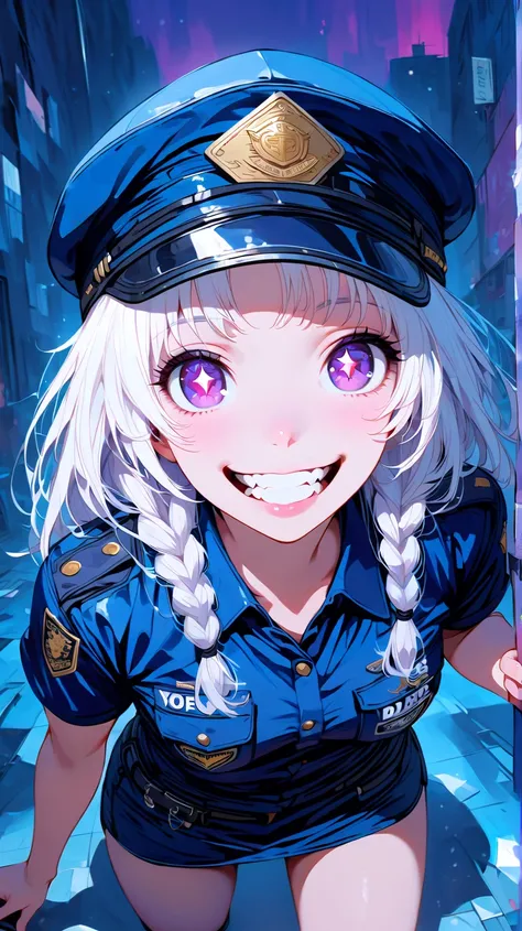 (masterpiece, best quality:1.2), 1 girl, unique, police uniform, short skirt, star-shaped pupils, detailed beautiful glistening purple eyes, detailed mouth, happy expression, canine teeth, bright smile, white hair in braids, grabbing police cap with one ha...