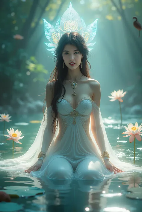 arafed woman with long hair sitting in water with lilyes, guweiz, artwork in the style of guweiz, trending on cgstation, with long hair, by Yang J, ruan jia and artgerm, goddess, with long hair, full body xianxia, yang qi, waterlily mecha nymphaea