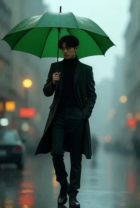  Young man,  black short hair, black coat,  black turtleneck , black pants, a green umbrella in my hands, It&#39;s raining outside