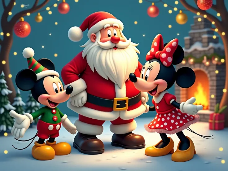 CREATE AN ART MEASURING 4XMM WITH THE CHRISTMAS THEME AND WITH THE SANTA CLAUS CHARACTERS, Mickey and Minnie and two s all dressed up in Christmas colors