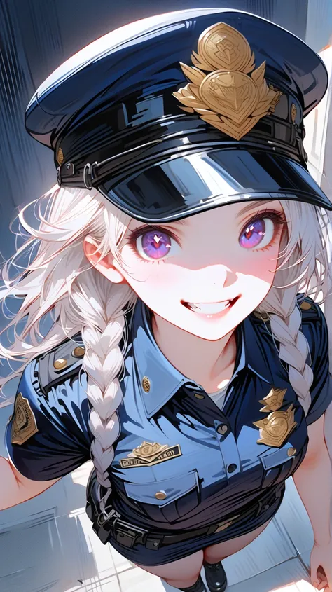 (masterpiece, best quality:1.2), 1 girl, unique, police uniform, short skirt, star-shaped pupils, detailed beautiful glistening purple eyes, detailed mouth, happy expression, canine teeth, bright smile, white hair in braids, grabbing police cap with one ha...