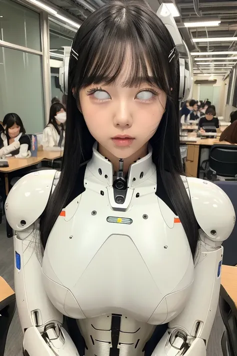 masterpiece, best quality, extremely detailed, Japaese android girl,portrait,Plump,a bit chubby,control panels,android,Droid,Mechanical Hand, Robot arms and legs, Black hair,Blunt bangs,perfect robot girl,long tube,thick cable connected her neck,android,ro...