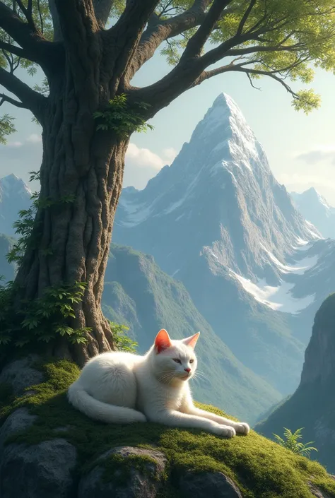 I would like a cat at the bottom of a mountain tree 