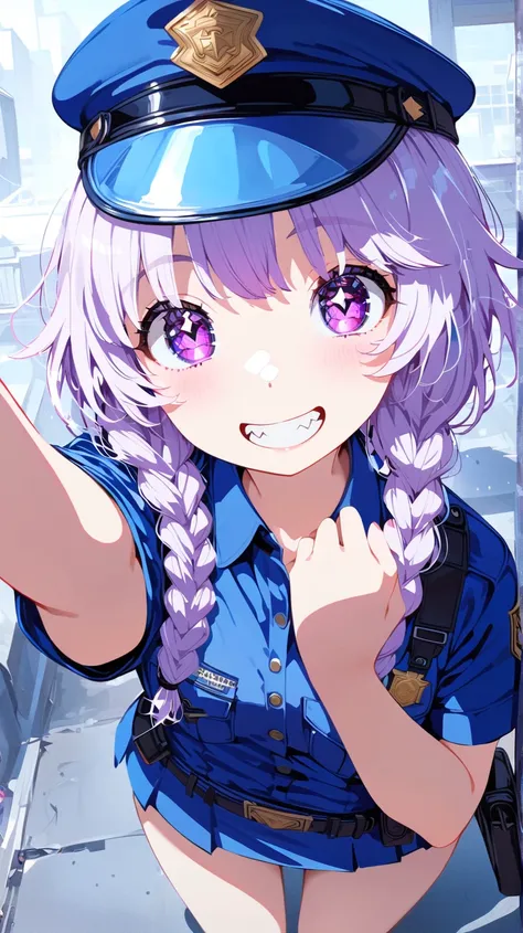 (masterpiece, best quality:1.2), 1 girl, unique, police uniform, short skirt, star-shaped pupils, detailed beautiful glistening purple eyes, detailed mouth, happy expression, canine teeth, bright smile, white hair in braids, grabbing police cap with one ha...