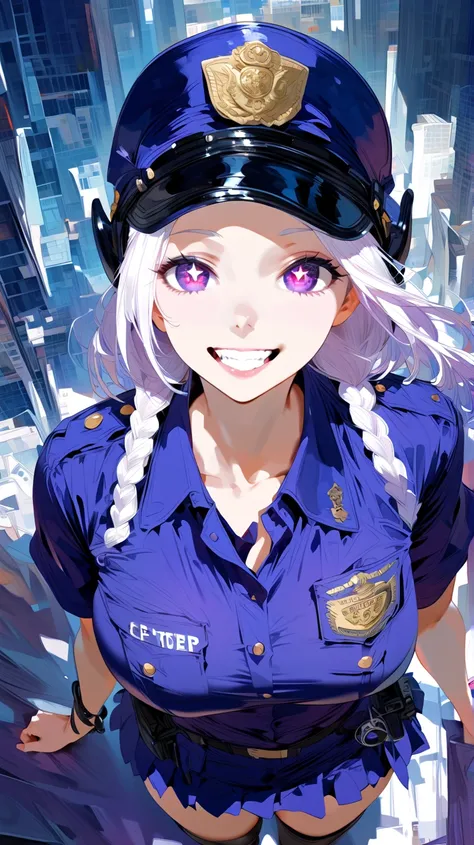 (masterpiece, best quality:1.2), 1 girl, unique, police uniform, short skirt, star-shaped pupils, detailed beautiful glistening purple eyes, detailed mouth, happy expression, canine teeth, bright smile, white hair in braids, grabbing police cap with one ha...