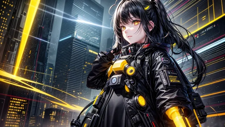 from future intelligence, technology background, complex mystery, unexpected variables, sudden result, strange things, transient waves, light fog, colorful signals, confident look, space black pioneer dress, yellow eyes, black hair