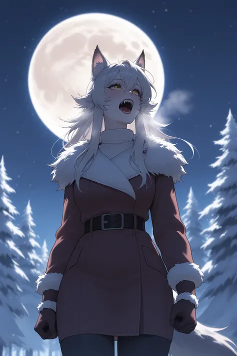 a sexy woman being transformed into a werewolf by the full moon, howling at the moon, nighttime, snowy forest, 1girl, solo