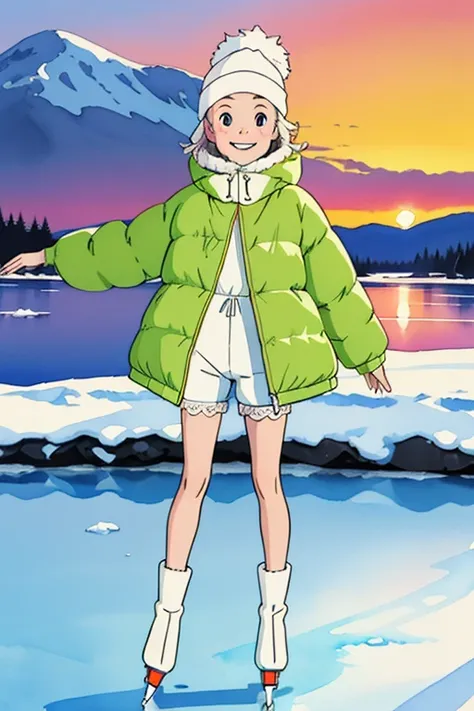 ( super flat,  flat shading,  Flat Color ),  One young girl， short， toddler figure ，, change,  s, thick, Curvy,  down jacket, ( white lace modest shorts),  no skirt , glass, winter hat, (ice skating), smile, Awkward, , winter, snow, At dusk，Beautiful sunse...