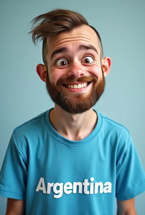 skinny young man , half bald with hairstyle on the side ,  smiling,  round eyes,  beard on the face ,  blue t-shirt with the name of the country of Argentina