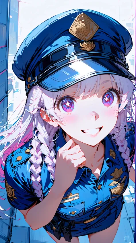 (masterpiece, best quality:1.2), 1 girl, unique, police uniform, short skirt, star-shaped pupils, detailed beautiful glistening purple eyes, detailed mouth, happy expression, canine teeth, bright smile, white hair in braids, grabbing police cap with one ha...