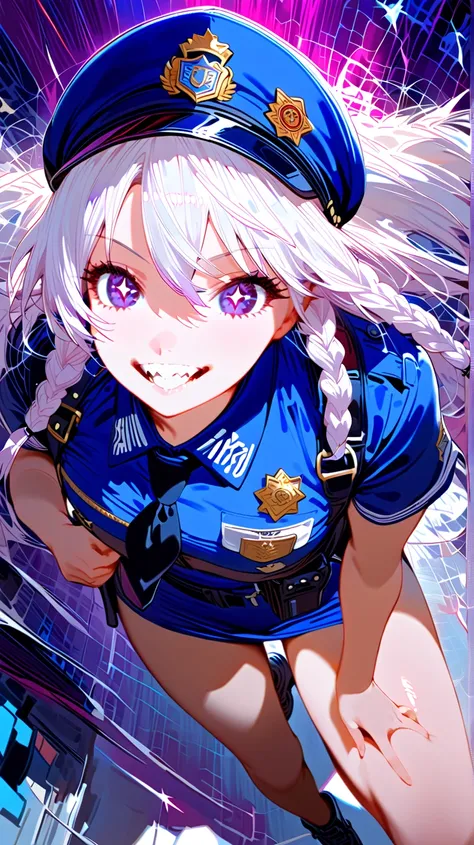 (masterpiece, best quality:1.2), 1 girl, unique, police uniform, short skirt, star-shaped pupils, detailed beautiful glistening purple eyes, detailed mouth, happy expression, canine teeth, bright smile, white hair in braids, grabbing police cap with one ha...