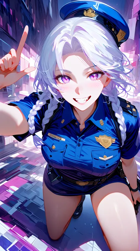 (masterpiece, best quality:1.2), 1 girl, unique, police uniform, short skirt, star-shaped pupils, detailed beautiful glistening purple eyes, detailed mouth, happy expression, canine teeth, bright smile, white hair in braids, grabbing police cap with one ha...