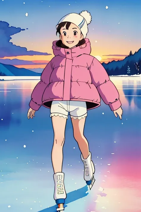 ( super flat,  flat shading,  Flat Color ),  One young girl， short， toddler figure ，, change,  s, thick, Curvy,  down jacket, ( white lace modest shorts),  no skirt , glass, winter hat, (ice skating), smile, Awkward, , winter, snow, At dusk，Beautiful sunse...