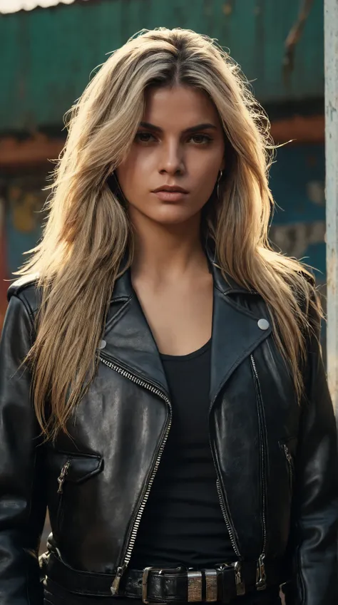 A tense and watchful Taynara Conti with very long straight blonde hair with black highlights dressed in a black top under a very heavy black masculine biker-style leather jacket, skinny black jeans with belt investigating the gang-riddled favela on a very ...