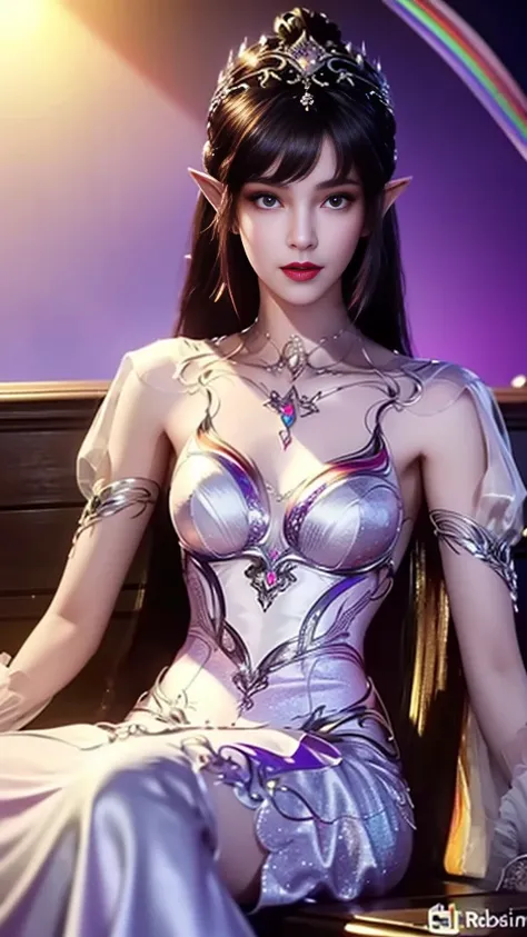 8k, masterpiece, a close up of a woman in a rainbow dress, perfect front body, bare thigh, ((very long hair)), a beautiful fantasy empress, ((rainbow fantasy dress:1.5)), beautiful fantasy maiden, fantasy art style, trending on cgstation, beautiful and ele...