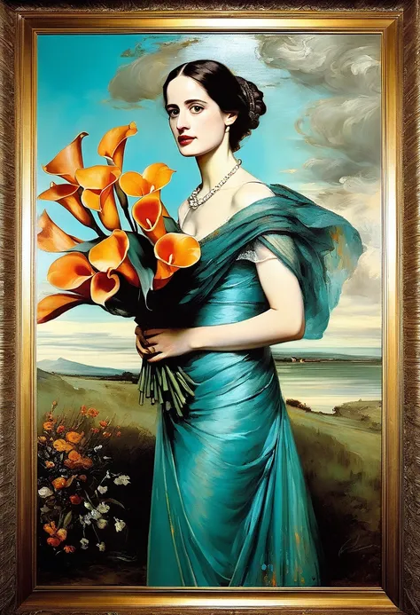 young Eva Green ,  complex detail, Aged canvas,  “Eva Green with callas”  (in the style of Raphael, depicted in oil on canvas),
  depicts beautiful Eva Green ,  holding a bouquet of colorful callas, Background in gloomy tones, dressed in a pale azure dress...