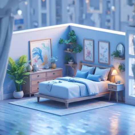 Design a stylish and minimalistic isometric bedroom with a focus on shades of blue. The room should feature a sleek, modern bed with soft blue linens, accompanied by a simple nightstand holding a small lamp. Include a minimalist rug in light blue tones and...