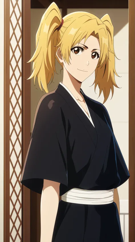 1 girl of fifteen years old , young girl, solo,  shinigami from anime bleach .
Appearance:  brown eye ,  long straight light yellow hair,  hairstyle with two ponytails made of blond hair on her head, black shinigami clothes,
smile,  closed mouth , Blonde H...