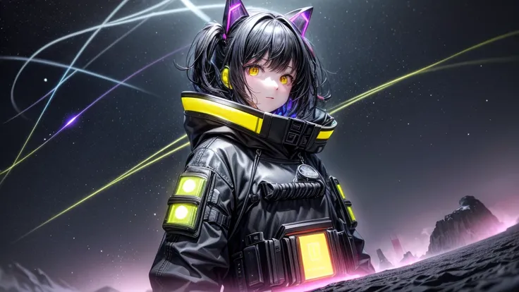 from future intelligence, technology background, complex mystery, unexpected variables, sudden result, strange things, transient waves, light fog, colorful signals, confident look, space black pioneer dress, yellow eyes, black hair