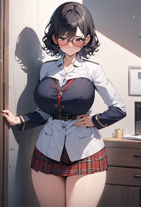 top quality, masterpiece,  High Definition , 8k,  1 girl, Alone,  expressive dark black eyes , mature woman, ((( short wavy hair ))), ((( black hair))),  Big Breasts High School Girl,  white shirt with red ribbon and navy blue plaid miniskirt uniform ,  lo...