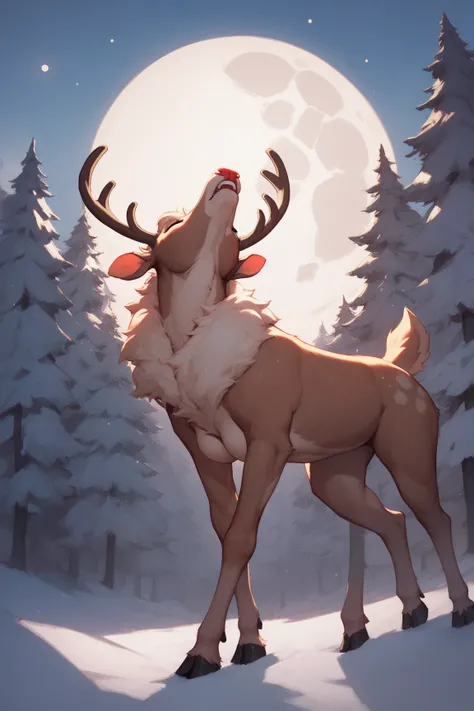 a sexy woman being transformed into a reindeer by the full moon, howling at the moon, nighttime, snowy forest, 1girl, solo