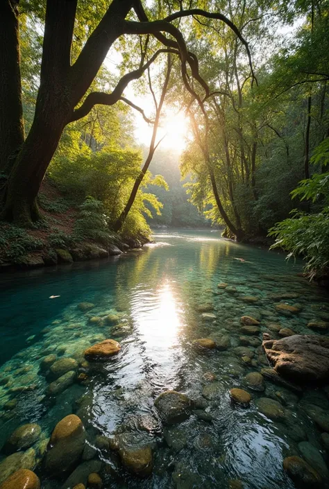 A tranquil landscape at dawn ,  with a meandering river whose waters are completely transparent .  in the background ,  you can see large trees covered with moss and vines . The water in the river is so crystal clear and clean that you can see the stones i...