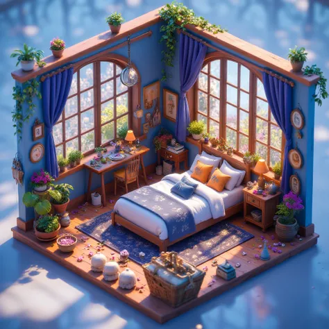 Bedroom model visual in blue tones for modeling in blender 3d program. have lots of stuff isometric room