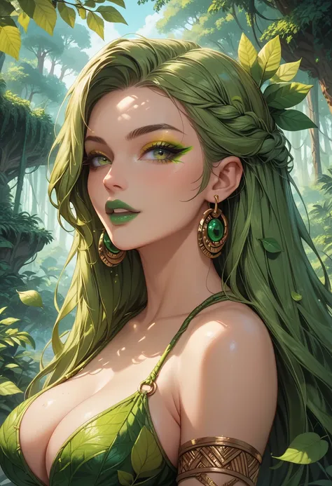  Amazon Rainforest . woman very long hair green eyes yellow makeup green lipstick yellow surrounded shrubs trees merged with leaves 