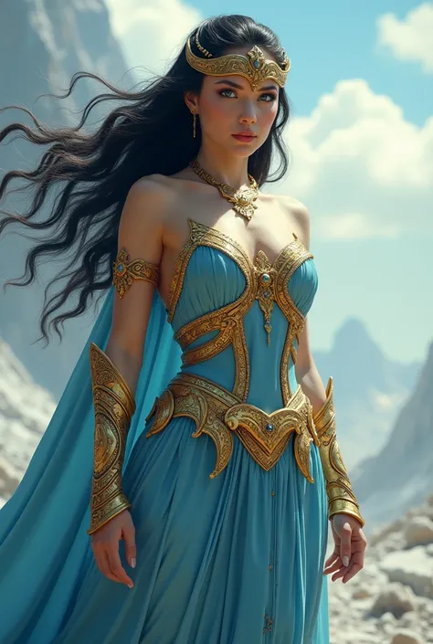 Warrior goddess,  long black hair , semi-fastened , sky blue ,  clothes with gold details,  gold helmet and gold bracelets  