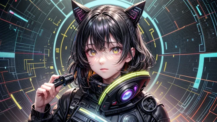 from future intelligence, technology background, complex mystery, unexpected variables, sudden result, strange things, transient waves, light fog, colorful signals, confident look, space black pioneer dress, yellow eyes, black hair